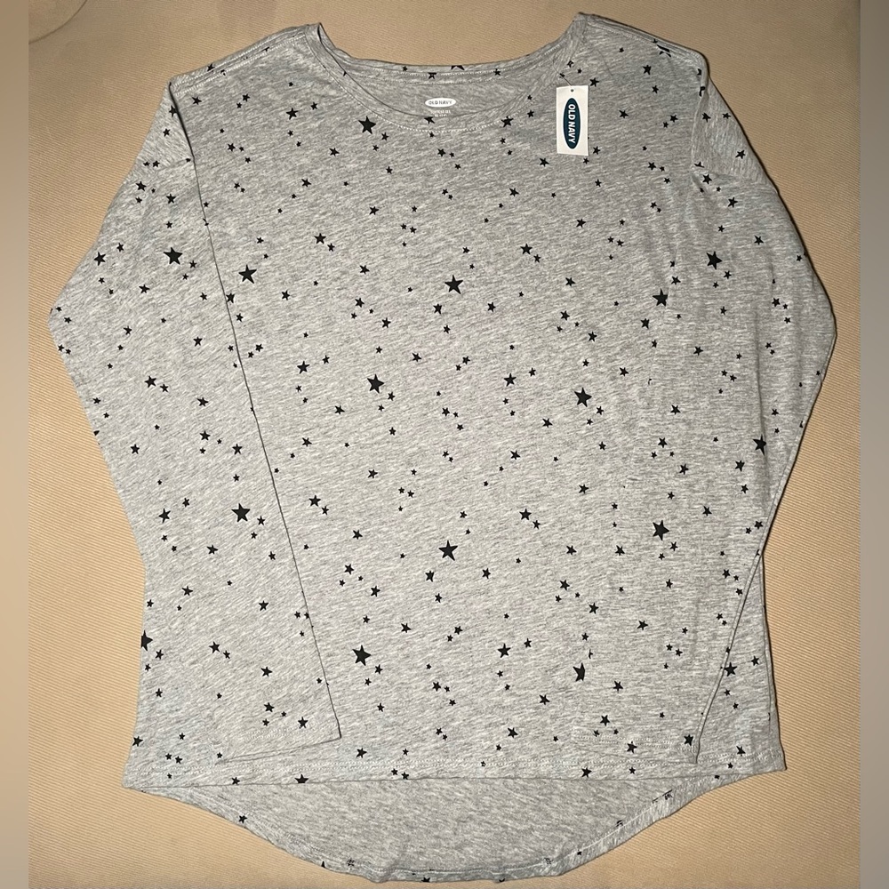 NWT Old Navy Softest Tee Long Sleeve T-Shirt Grey with Black Stars XL (14)